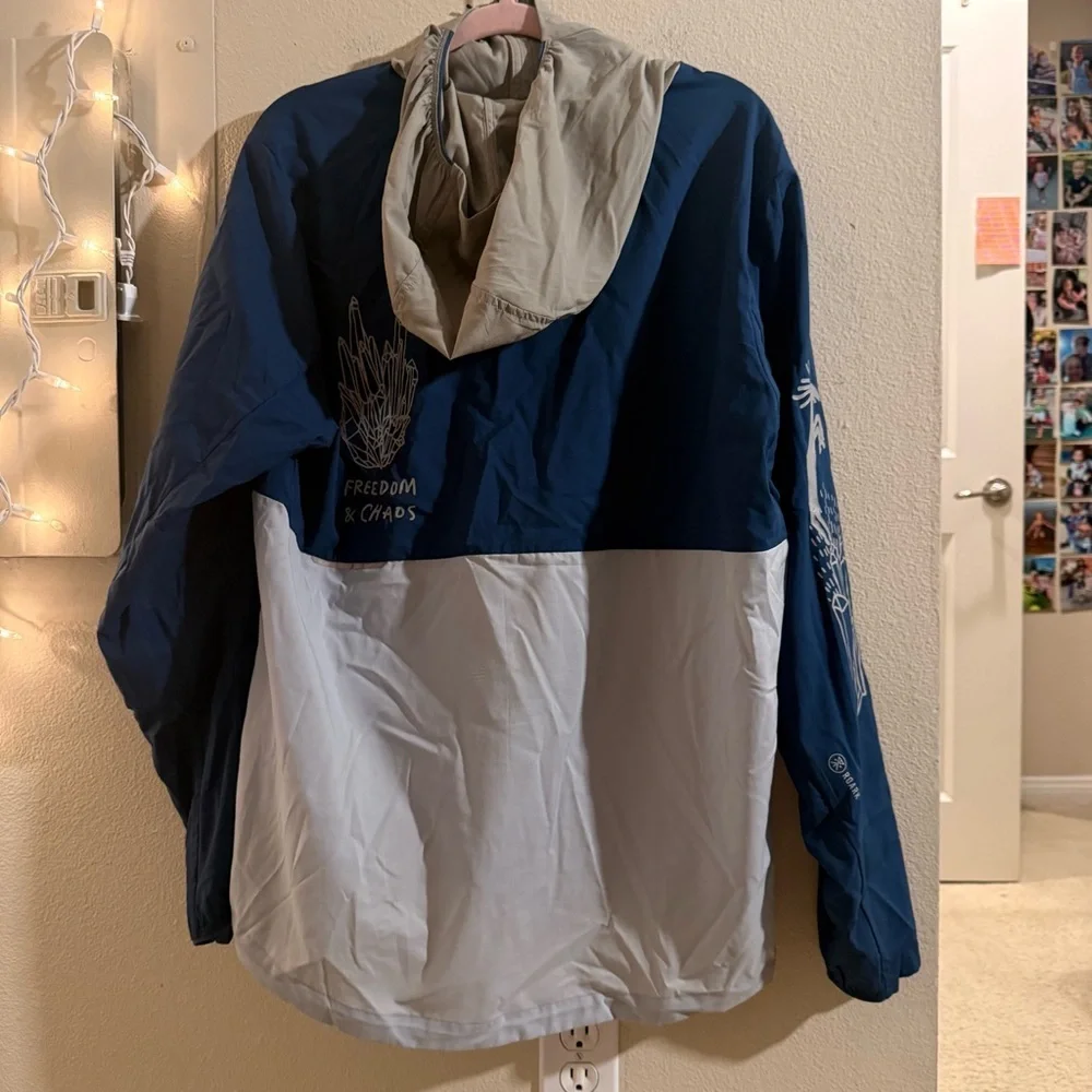 Roark Run Amok Anorak Windbreaker Jacket Mens Large Blue Gray Hooded Pullover